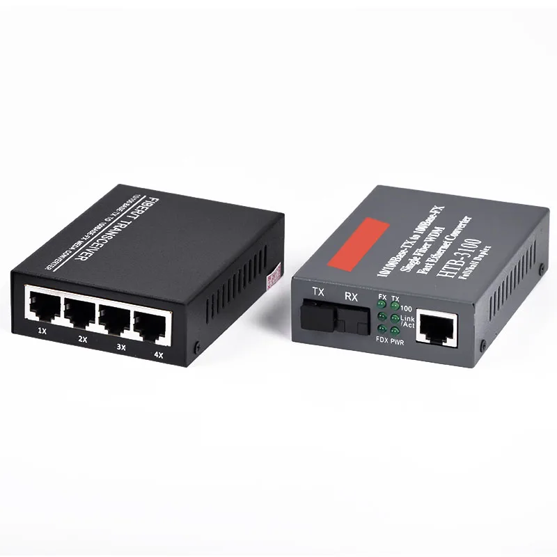 1 Пара 10/100Мбит/с Одномодовый SC Быстрый медиа-конвертер Ethernet + 10/100М Оптический конвертер 4 порта RJ45 на 1 волокно.