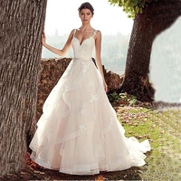 sexy v neck spaghetti straps applique wedding dresses ruffled tulle lace bridal gowns long backless vestido de noiva 2021