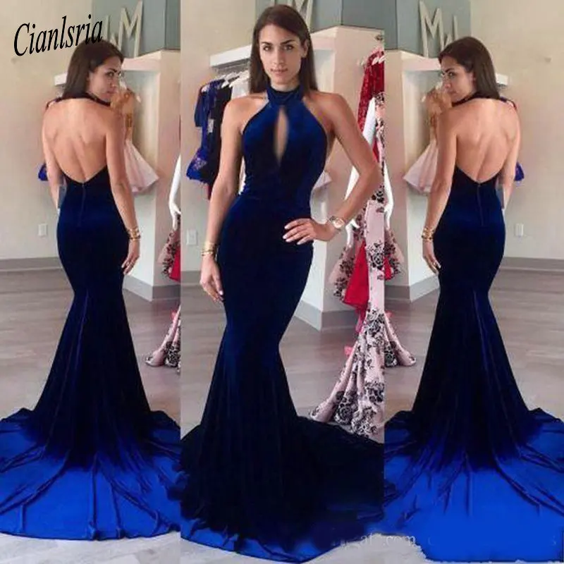 

Elegant Hot Velvet Royal Blue Halter Mermaid Evening Dresses 2020 Sexy Backless Long Court Train Cheap Prom Dresses Front Hollow