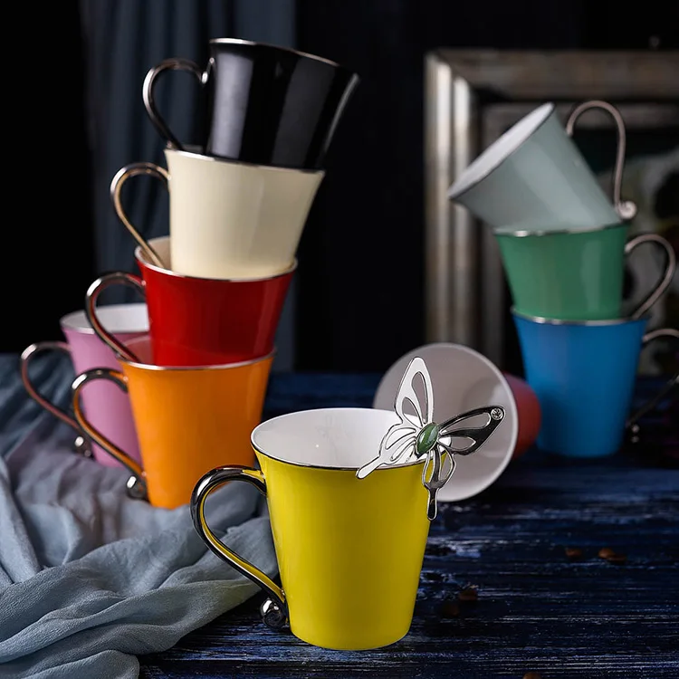GLLead Silvering Hand Shank Ceramic Mug Simple Creative Coffee Mugs Office Tea Cup Porcelain 300ml Drinkware