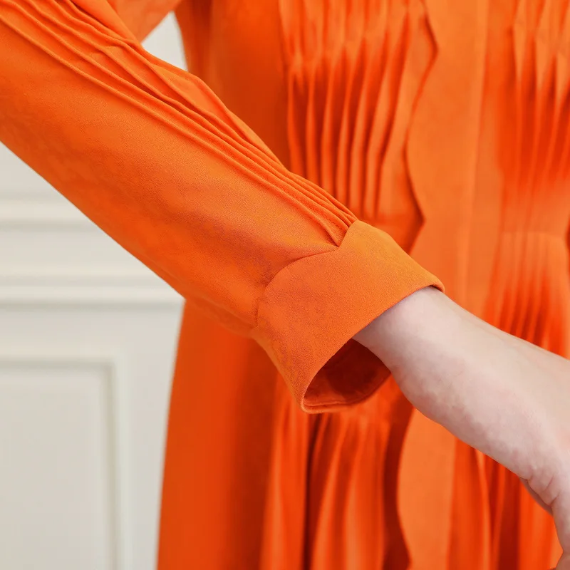 Женское платье рубашка VOA оранжевое кружевное шелковое с длинным рукавом|Женские