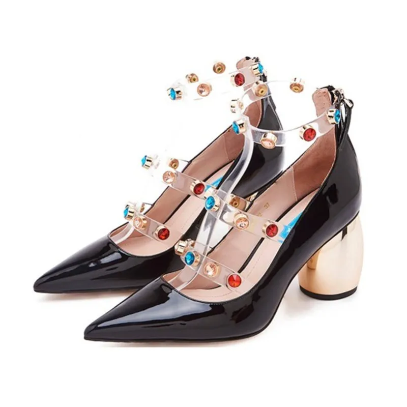 Women Pointed Toe Pumps Black Shiny Leather Formal Dress Party Shoes Studded Strap Chunky High Heel Office Zapatos Mujer Creeper