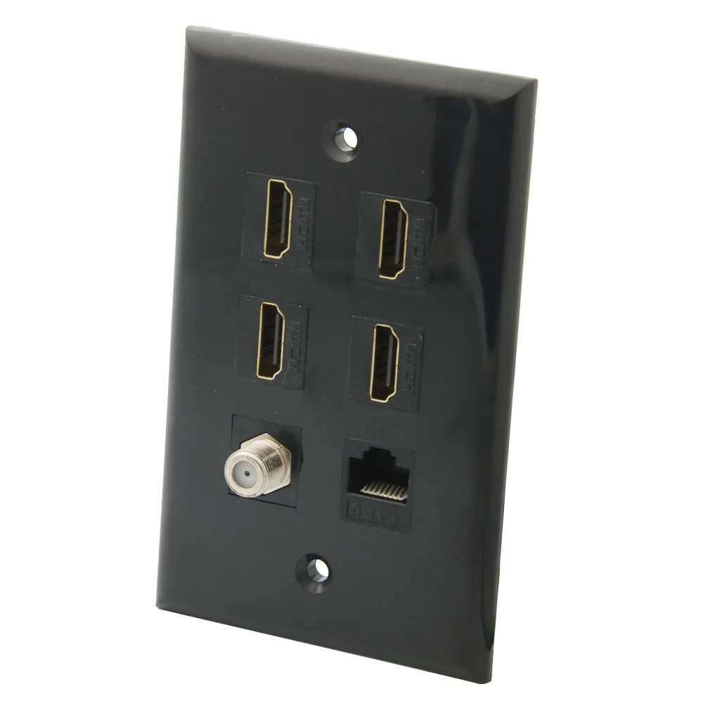 

Однотонный черный 1 комплект, 4 порта s HDMI 1 Порт CAT6 RJ45 1 порт F RG6, Коаксиальная настенная пластина типа «Мама-мама»