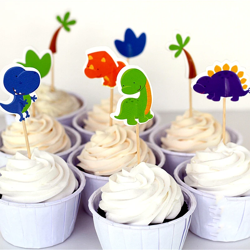 24 шт./упак. динозавр тема для капкейка-с барабанные палочки Happy Baby Shower вечерние украшения Дети Мальчики выступает топперы для торта на день рождения