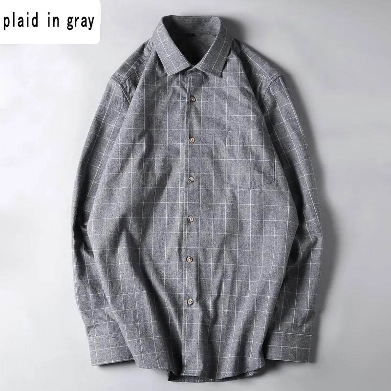 plaid in gray Черные синие весенние мужские рубашки размера плюс 6xl 7xl, хлопок, военные мужские рубашки с длинным рукавом, одноцветные шерстяные рубашки с отложным воротником - Цвет: plaid in gray
