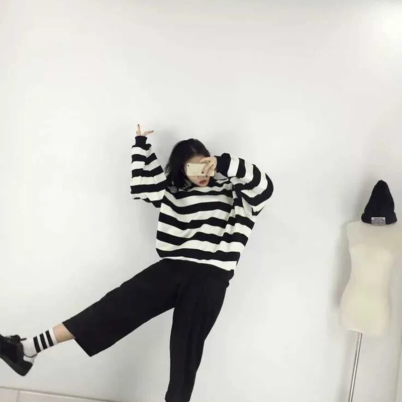 YouGeMan Весна Осень корейский стиль Ulzzang Harajuku полосатый водолазка с длинным рукавом толстовки для женщин повседневные толстовки