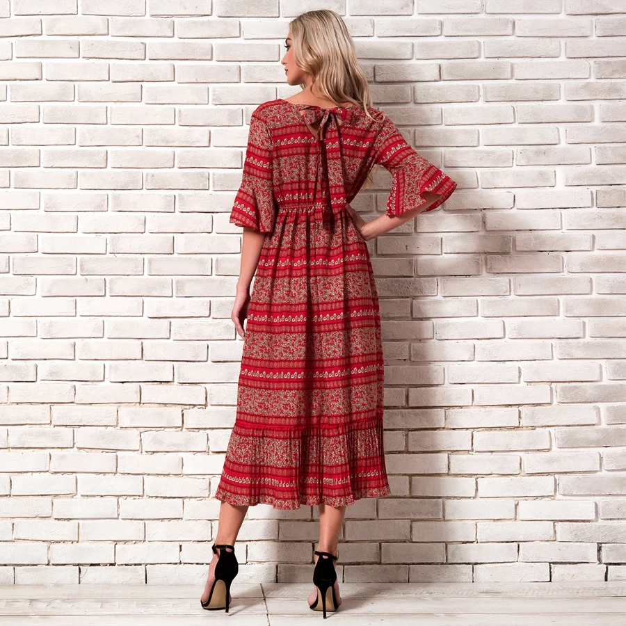 Bohemian Chiffon Dress Women Summer 2018 New Arrivals Flare Sleeve V neck Print Boho Dresses Woman Pleated Beach Long | Женская одежда