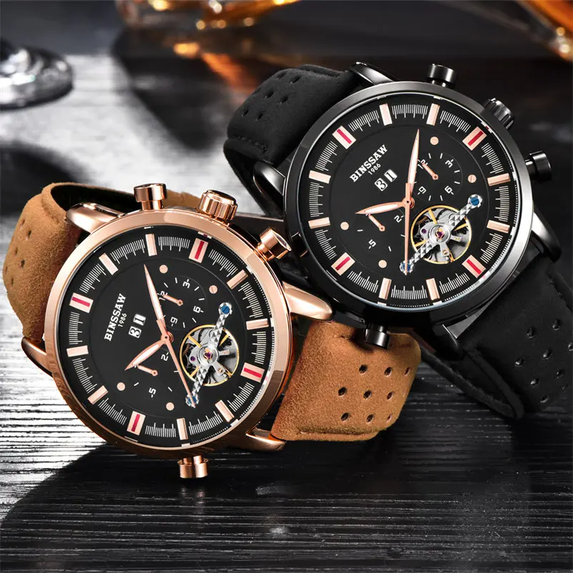 Мужские автоматические механические часы BINSSAW Tourbillon 2017 новые кожаные Наручные