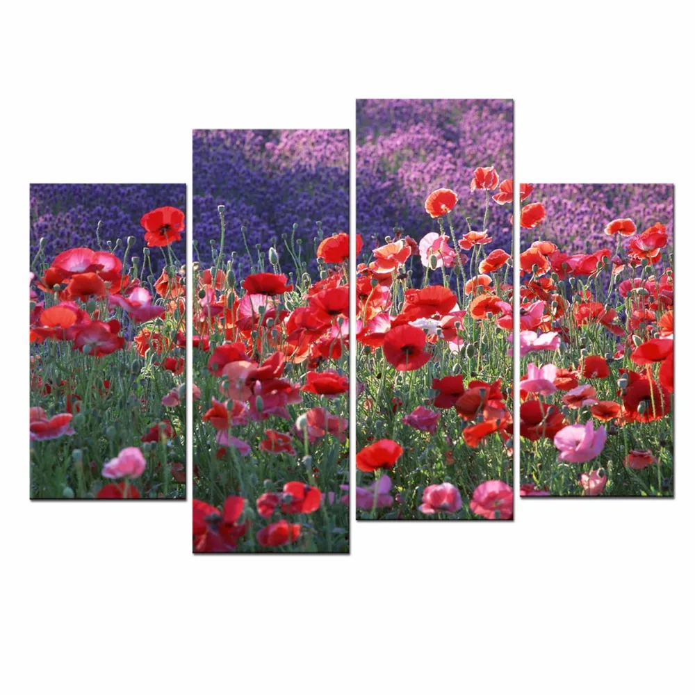 

Flowers Views 4 Panels Modern Landscape Artwork HD Red Poppies Giclee Canvas Prints Floral Pictures to Photo Paintings on Canvas