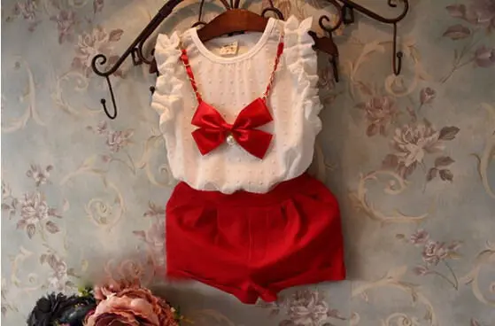 Белая шифоновая майка из 3 предметов шорты с бантом и necklace ем комплект одежды для