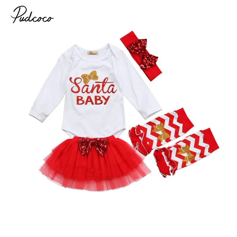 Pudcoco 5pcs/set Girls Christmas Clothes Xmas Newborn Baby Santa Bodysuit Tulle Skirt Leg Warmer Headband Winter Set | Мать и ребенок