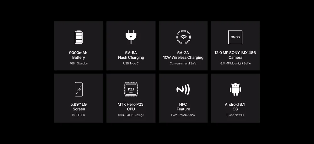 Смартфон DOOGEE BL9000 5,99 ''OTG 4G 9000mAh 5V 5A Flash Charge 6GB 64GB Android 8,1 Helio P23 12MP+ 5MP+ 8MP NFC