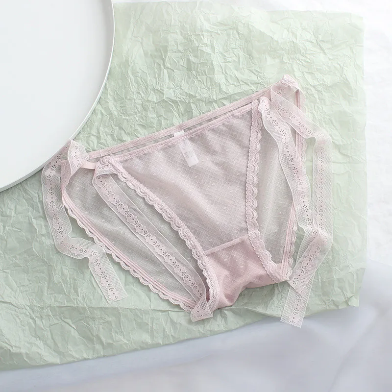 pink Ультратонкие прозрачные женские трусики с лентами, женские трусики, сексуальные дышащие кружевные трусы, соблазнительное мягкое женское нижнее белье - Цвет: pink