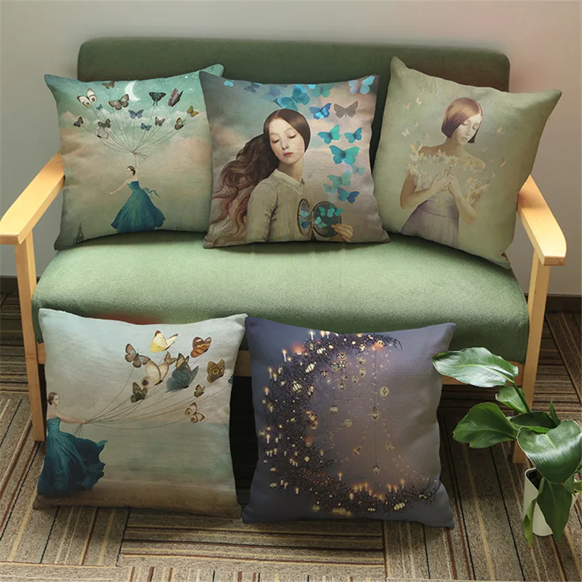

Nordic Cartoon Butterfly Girl Print Cotton Linen Pillow Cover Home Decorative Sofa Throw Pillow Cushion Covers coussin decoratio