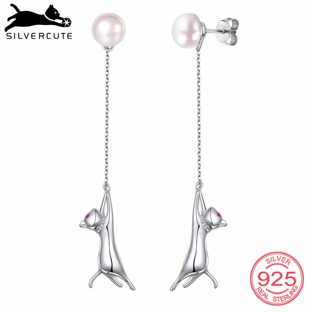 SILVERCUTE Пресноводный Жемчуг кошка Висячие серьги для женщин девушек хорошее