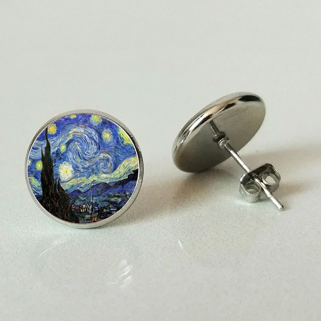 

XHDB Fashion Simple Style Earings Van Gogh Famous Artist Starry Night Stud Earrings Glass Cabochon Jewelry Women Gifts