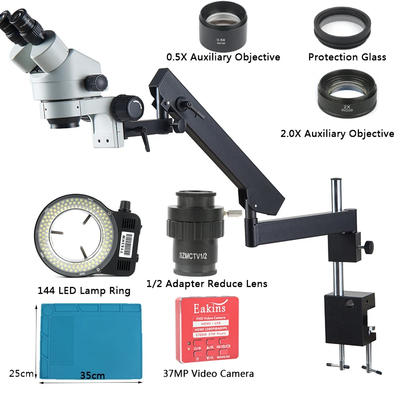 

3.5X 7X 45X 90X Articulating Arm Pillar Clamp Simul-Focal Industrial Trinocular Stereo Microscope + 37MP HDMI USB Video Camera