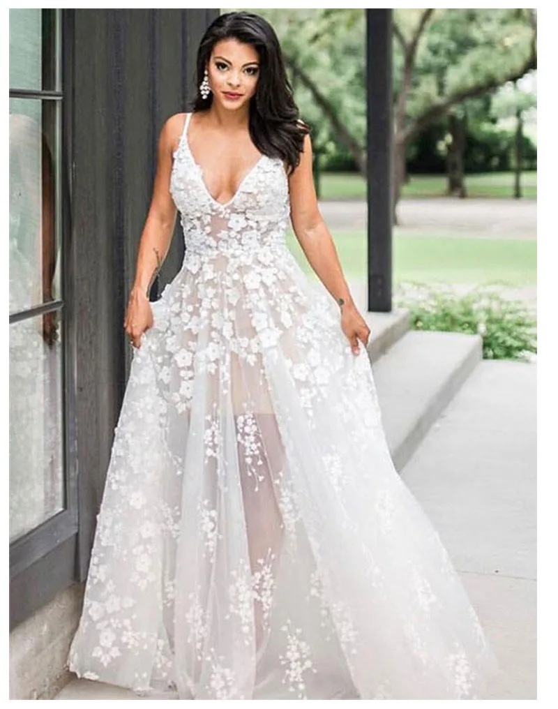

SOFUGE Sexy Boho Wedding Dress V Neck A-Line Appliques Flowers Bride Dress Custom Made See Through Wedding Gown 2019