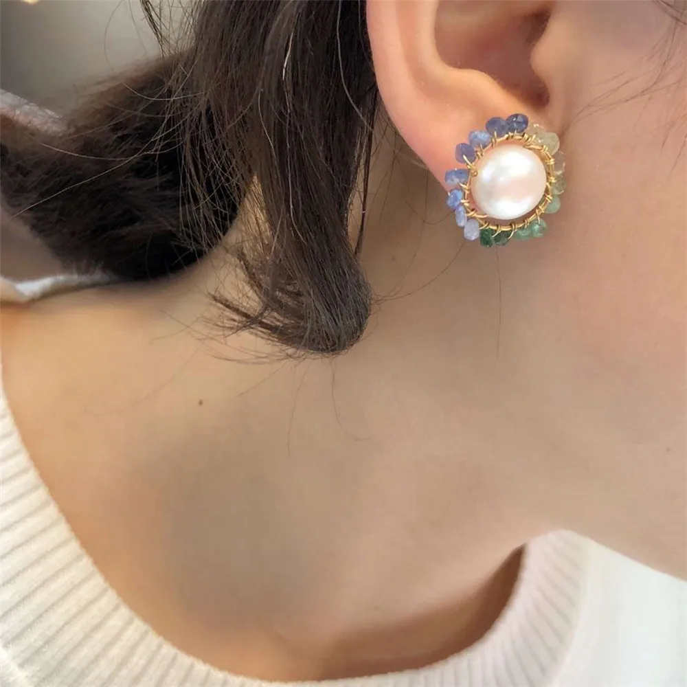 

hand made fine jewelry factory wholesale fashionable 14k gold wrap natural white pearl gemstone stud earring