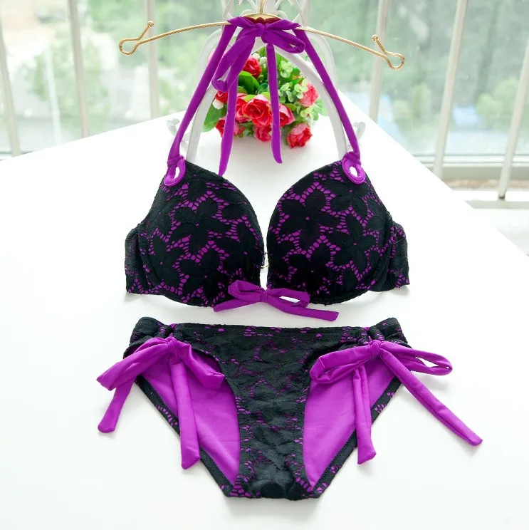 Набор бикини с низкой талией для женщин бретелькой на шее мягкий пуш ап купальник