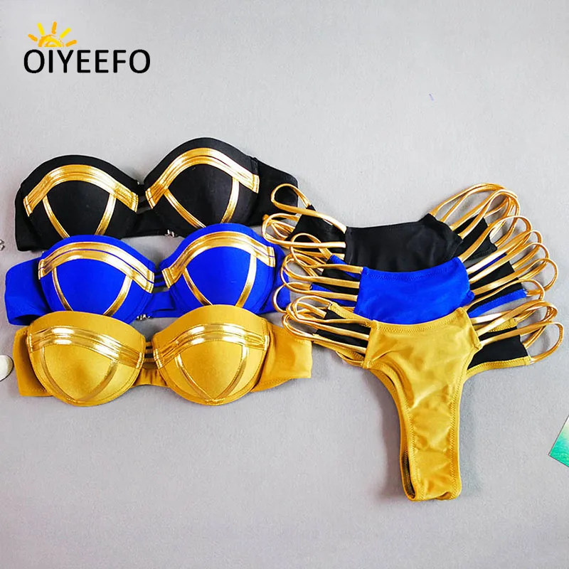 Oiyeefo Push Up Бикини Бразильский Блестящий Золотой Металлик лоскутное купальник Push-Up