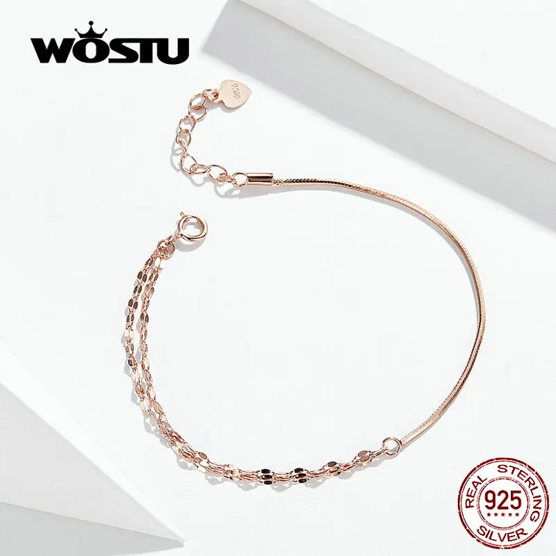 WOSTU, розовое золото, простые браслеты, 925 пробы, серебряный браслет, оригинальные браслеты для женщин, минималистичные Свадебные ювелирные изделия CQB149