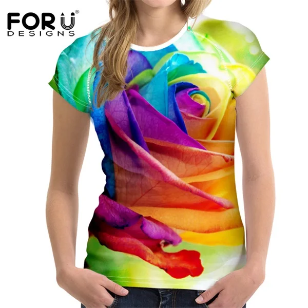 FORUDESIGNS/женская футболка с 3D цветочным принтом с красной розой, модные топы с круглым вырезом и коротким рукавом, брендовая одежда для фитнеса, женские футболки - Цвет: C0122BV..
