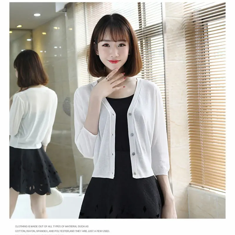 Solid Color Knit Cardigan Women Short Outside Shawl Sunscreen Summer Thin Top V-neck Seven Point Sleeve Shirt Coat f454 |