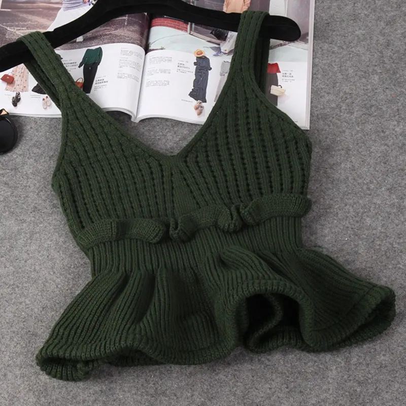 Для женщин трикотажное эластичное Ruffled Crop Топы кофта с v-вырезом без рукавов с открытой спиной Туника женская майка лето сексуальный топ Для женщин
