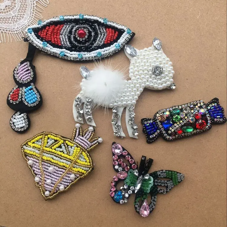 3pcs/lot  rhinestones hand-beaded deer eyes butterfly candy clothing patch brooch caps accessories