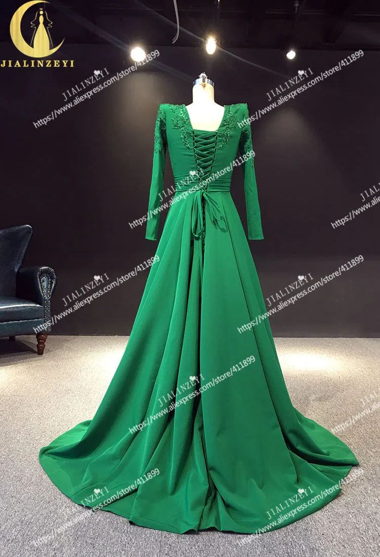 

JIALINZEYI Real Image Long Sleeves Green V Neck A-line Vestido De Festa Formal party Dress evening Dresses