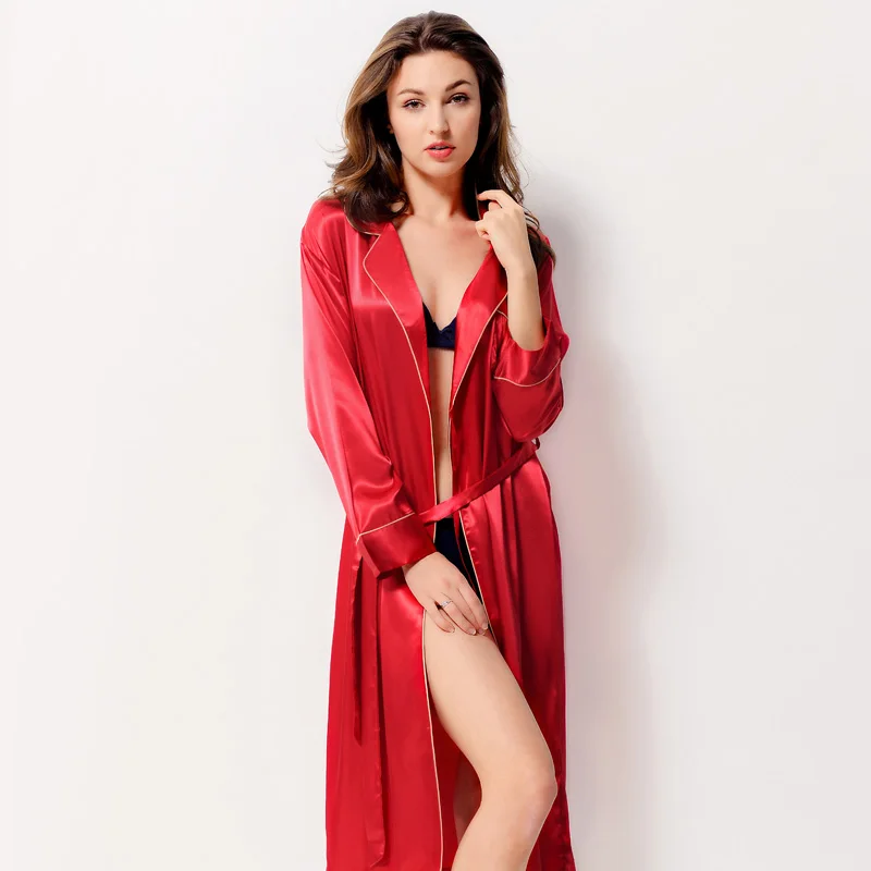 

Xifenni Robes Faux Silk Sleepwear Female British style Bathrobes Simple Long-Sleeve Sleepshirts Pure Color Homewear Woman 1701