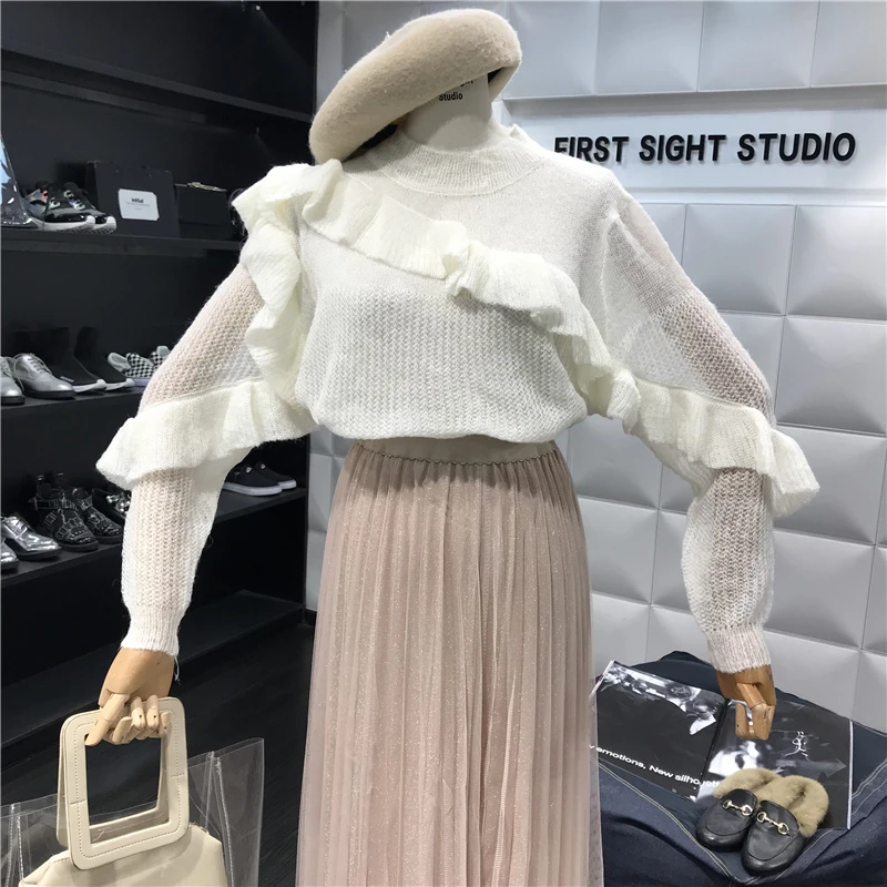 ALPHALMODA 2018 осень Милая отделка из оборок тонкий свитер с длинными рукавами