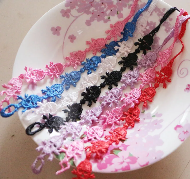 New 19styles!! promotion 24pcs/bag mix colors randomly Trendy polyester skull cross shape italy lace bracelet for women girls | Украшения и