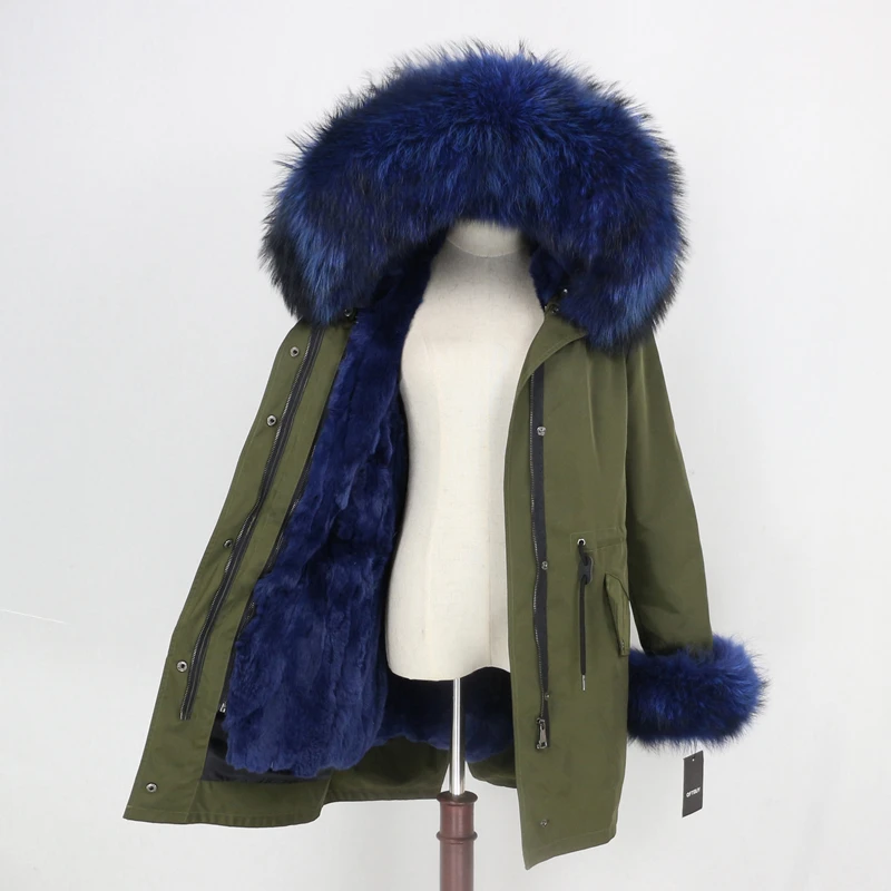 green blue OFTBUY Long Waterproof Parka Real Fur Coat Natural Fur Collar Hood Winter Jacket Women Rabbit Fur Liner Thick Warm Detachable - Цвет: green blue