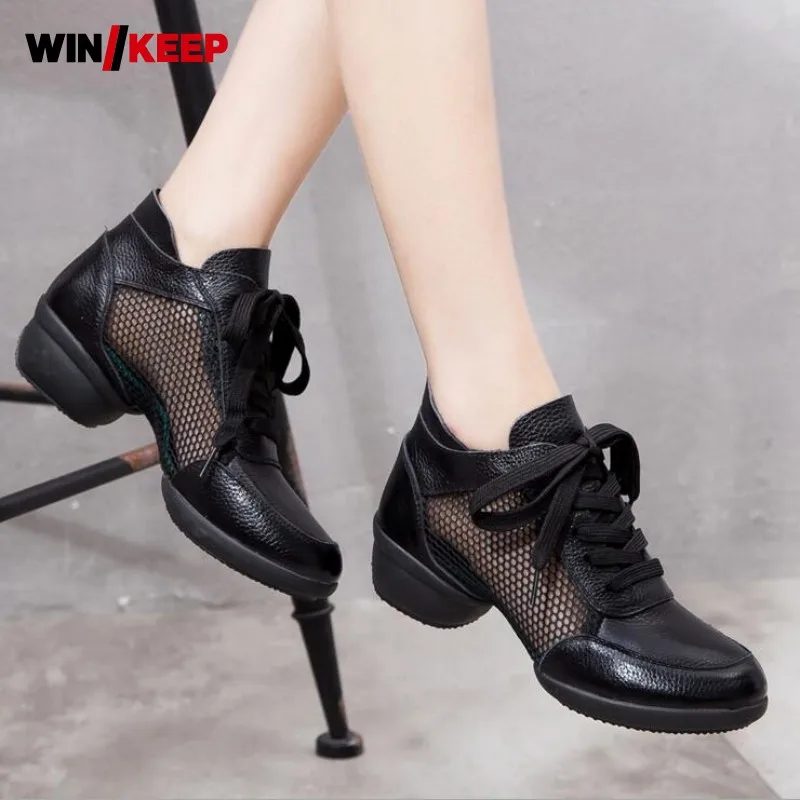 

2021 New Arrival Dance Shoes Woman Lace Up Genuine Leather For Woman Hip Hop Dancing Shoes Latin Jazz Shoes Free Shipping Black