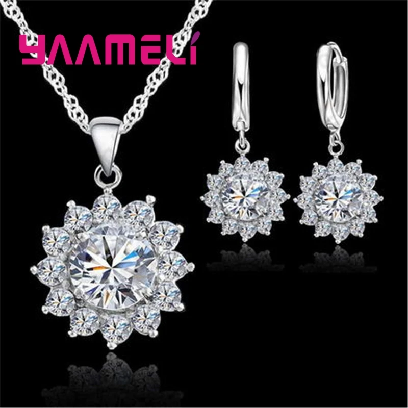 

925 Sterling Silver Necklace Earrings Set Sweet Romantic Cute Style Sunflower Flower Shape For Women Girl Wedding Party