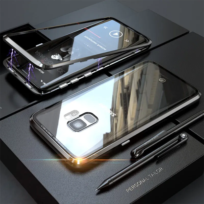 High-end Magnetic Case For Samsung Galaxy S9 S8 Plus S7 Edge Note 9 8 Aluminum alloy Frame +9H Tempered Glass Protection Cover |