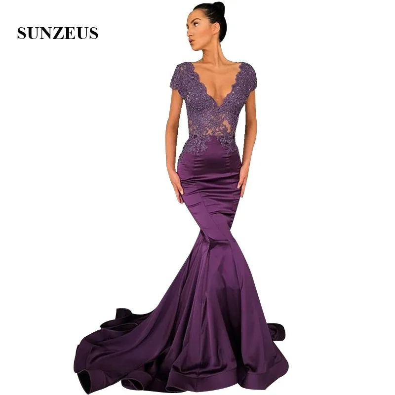 

Grape Purple Evening Dresses V-neck Cap Sleeves Appliques Mermaid Formal Dress With Sequins Long Satin Party Gowns