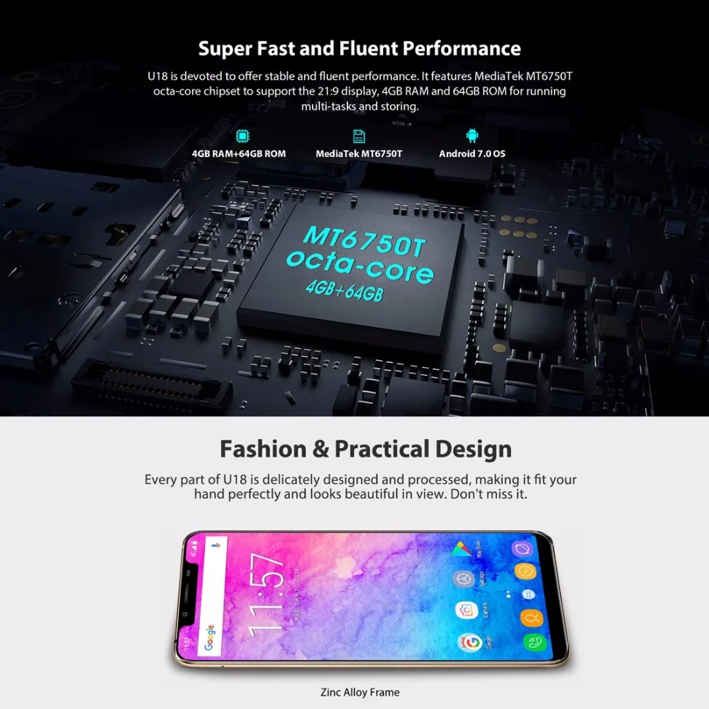 OUKITEL U18 5 85 &quot21:9 полный экран Face ID Смартфон Android 7 0 MT6750T Octa Core 4 Гб 64 13MP Двойная камера