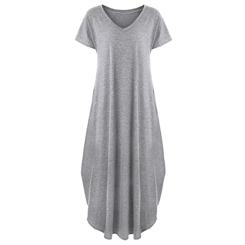 Dark Gray Tataria, женское повседневное Свободное длинное платье с карманами, женские длинные платья с коротким рукавом, женское платье-футболка, однотонное винтажное платье с v-образным вырезом - Цвет: Dark Gray