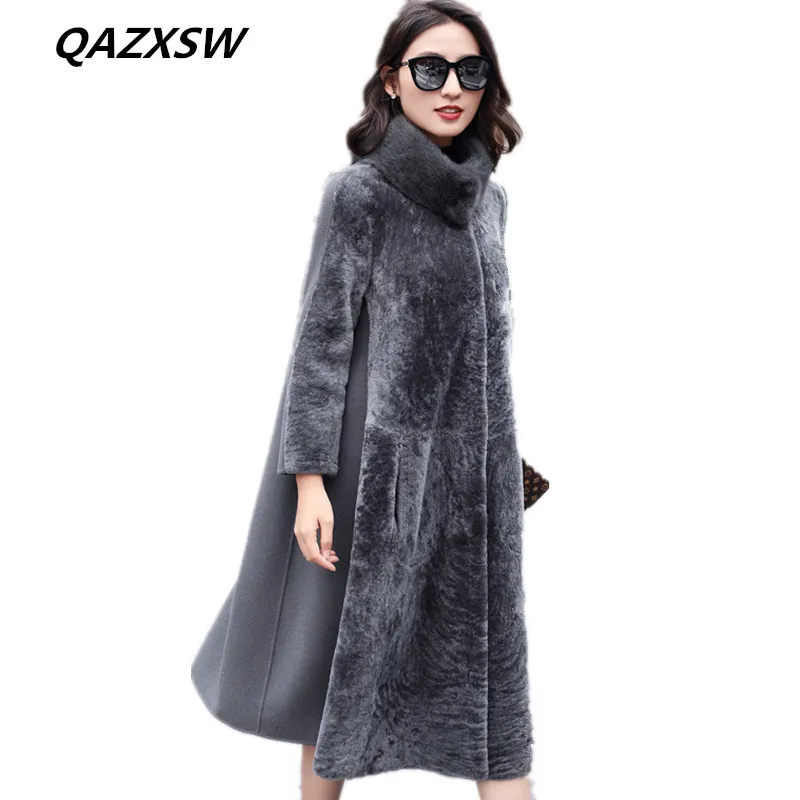 2018 New Women's Winter Real Fur Coat One Long Section Two Sides Wearing Sheep Shearing Mink Collar Warm Jacket LE466 | Женская