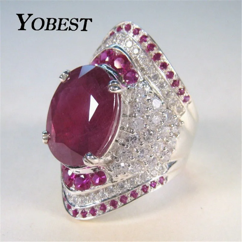 Женское свадебное кольцо с большим красным камнем Yobest серебряное фианитом