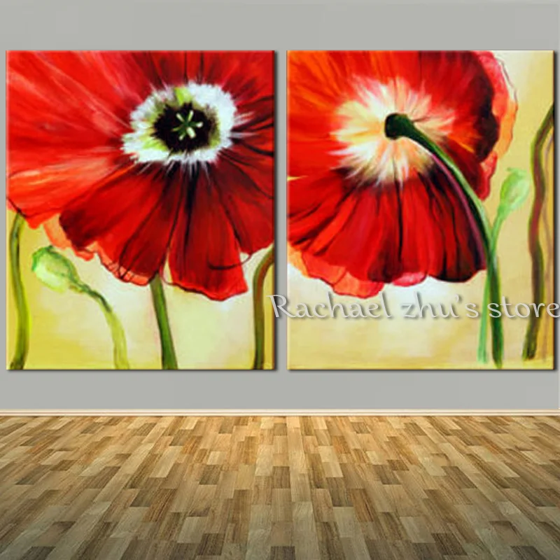Современная картина маслом с красными маками 100% ручная работа на холсте двумя
