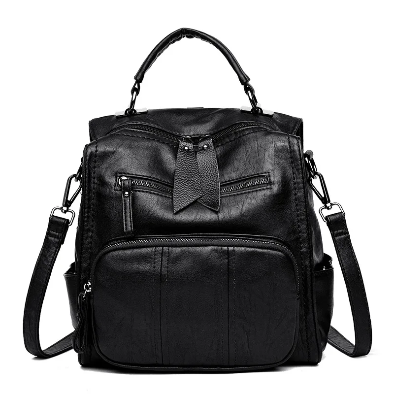 Топ Мода Горячая Распродажа Pu мягкая ручка сетка Мода Mochila Feminina школьный рюкзак женская сумка Многофункциональный рюкзак - Цвет: Черный
