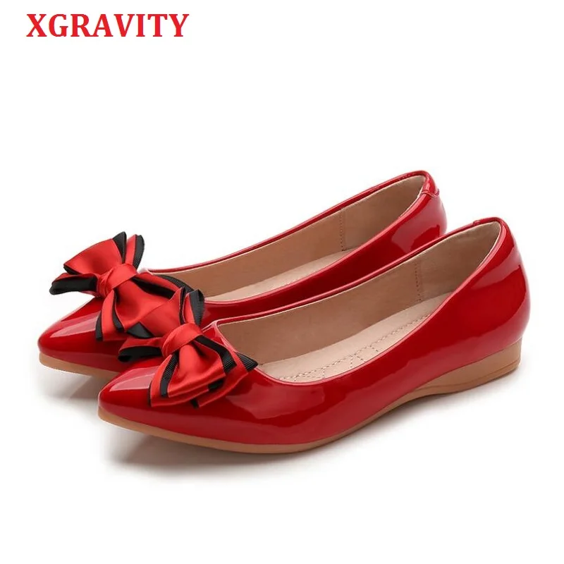

XGRAVITY 2020 Plus Size Ladies Fashion Pointed Toe Flats Elegant Comfortable Patent Leather Butterfly Know Flat Shoes Woman A117