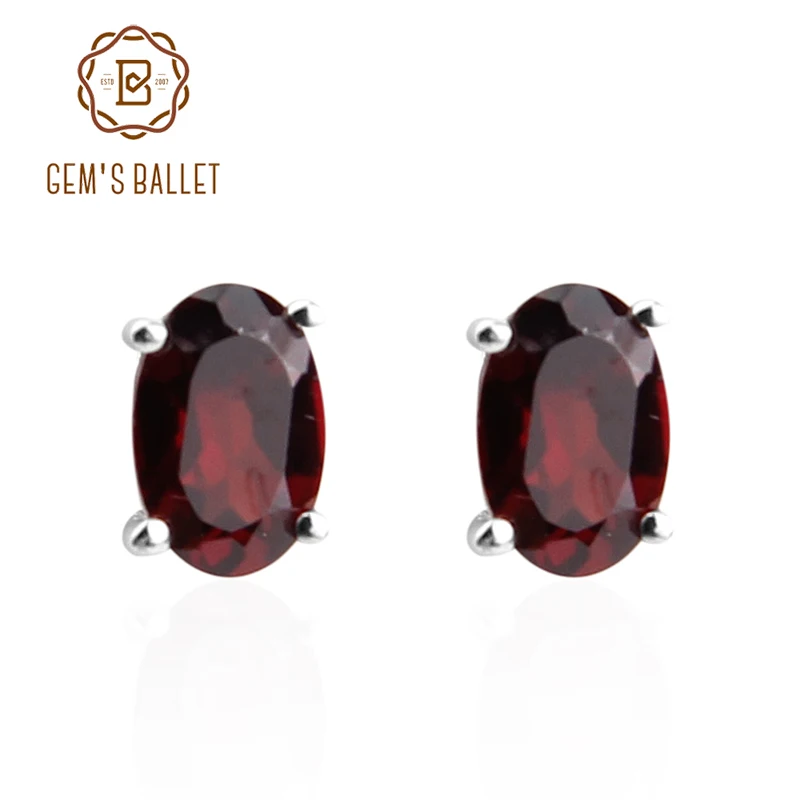 Женские овальные серьги-гвоздики GEM'S из серебра 925 пробы с гранатом и