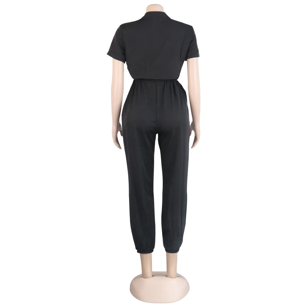 Vintage Patchwork Zipper Female Jumpsuit Casual Short Sleeve Turn-Down Collar Slim Rompers Lace Up Bandage Overalls For Women