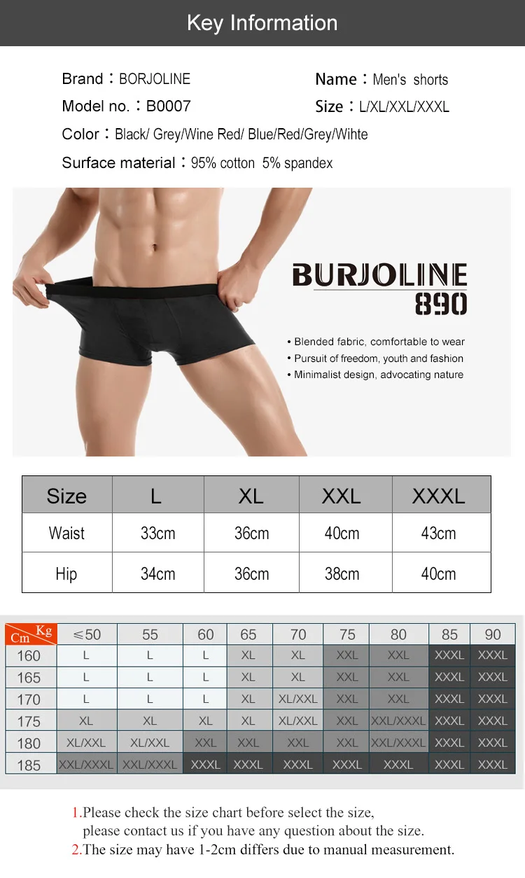 BURJOLINE 2 шт./лот Мужское нижнее белье хлопок боксеры Мужские дышащие Однотонные эластичные шорты Боксеры Трусы M0072