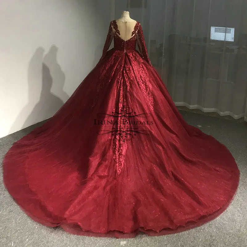 Ирина особого торжества vestido de novia в стиле «Принцесса» с длинными рукавами с кружевной аппликацией; прозрачные, черные, красные, серые, синие свадебное платье